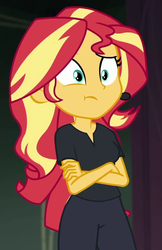 Size: 661x1017 | Tagged: safe, screencap, sunset shimmer, all the world's off stage, all the world's off stage: micro chips, equestria girls, g4, my little pony equestria girls: better together, cropped, crossed arms, director shimmer, female, headset, solo