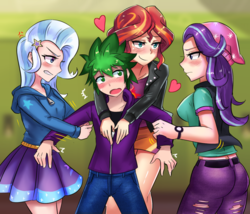 Size: 800x686 | Tagged: safe, artist:tzc, spike, starlight glimmer, sunset shimmer, trixie, human, equestria girls, g4, ass, beanie, bisexual, blushing, butt, canterlot high, clothes, commission, female, glimmer glutes, hallway, hat, heart, hoodie, human spike, humanized, jacket, leather, leather jacket, lesbian, lockers, lucky bastard, male, midriff, miniskirt, pants, polyamory, ship:sparlight, ship:sunsetspike, shipping, size difference, skirt, smaller male, smiling, sparlixie, spike gets all the equestria girls, spike gets all the mares, spixie, straight, sunsparlight, sunsparlixie