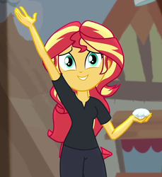 Size: 896x979 | Tagged: safe, screencap, sunset shimmer, equestria girls, equestria girls series, g4, opening night, arms in the air, cropped, diamond, director shimmer, female, opening night: sunset shimmer, smiling, solo