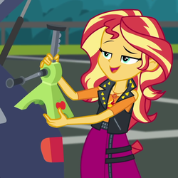 Size: 1001x1003 | Tagged: safe, screencap, sunset shimmer, driving miss shimmer, driving miss shimmer: applejack, equestria girls, g4, my little pony equestria girls: better together, apple jack (tool), car, cropped, female, geode of empathy, magical geodes, solo