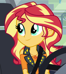 Size: 881x980 | Tagged: safe, screencap, sunset shimmer, driving miss shimmer, driving miss shimmer: rarity, equestria girls, g4, my little pony equestria girls: better together, cropped, female, geode of empathy, magical geodes, seatbelt, solo, steering wheel