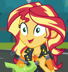 Size: 1011x1080 | Tagged: safe, screencap, sunset shimmer, driving miss shimmer, equestria girls, equestria girls series, g4, cropped, cute, driving miss shimmer: applejack, female, geode of empathy, magical geodes, shimmerbetes, solo