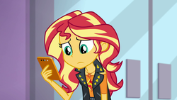 Size: 1920x1080 | Tagged: safe, screencap, sunset shimmer, a fine line, equestria girls, g4, my little pony equestria girls: better together, female, geode of empathy, magical geodes, phone, solo