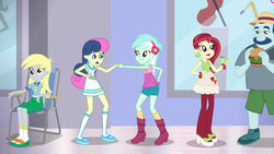 Size: 1920x1080 | Tagged: safe, screencap, bon bon, derpy hooves, lyra heartstrings, rose heart, sweetie drops, a fine line, equestria girls, g4, my little pony equestria girls: better together, background human, best friends, burger, food, hamburger, pantshoes, unnamed character, unnamed human