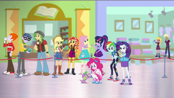 Size: 1920x1080 | Tagged: safe, screencap, applejack, fluttershy, heath burns, micro chips, pinkie pie, rainbow dash, rarity, sandalwood, sci-twi, spike, spike the regular dog, sunset shimmer, taffy shade, trenderhoof, twilight sparkle, dog, a fine line, equestria girls, g4, my little pony equestria girls: better together, background human, clothes, converse, crystal prep academy uniform, geode of empathy, geode of fauna, geode of shielding, geode of sugar bombs, geode of super speed, geode of super strength, geode of telekinesis, humane five, humane seven, humane six, magical geodes, pantyhose, ponytail, school uniform, shoes, sneakers