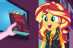 Size: 1423x944 | Tagged: safe, screencap, pinkie pie, sunset shimmer, a fine line, equestria girls, equestria girls series, g4, cropped, cute, geode of empathy, magical geodes, offscreen character, shimmerbetes, tirek's revenge