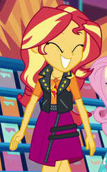 Size: 484x781 | Tagged: safe, screencap, fluttershy, sunset shimmer, a fine line, equestria girls, equestria girls series, g4, ^^, cropped, cute, eyes closed, female, geode of empathy, grin, happy, magical geodes, shimmerbetes, smiling, solo focus