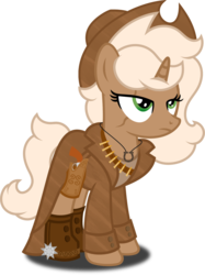 Size: 1280x1711 | Tagged: safe, artist:buckeyescozycafe, oc, oc only, oc:clementine hunter, pony, unicorn, clothes, cowboy hat, female, gun, handgun, hat, mare, not applejack, revolver, show accurate, simple background, solo, stetson, transparent background