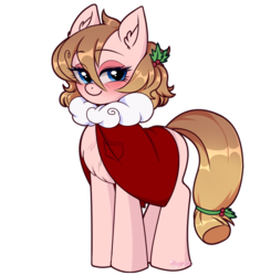 Size: 840x856 | Tagged: safe, artist:opossum_imoto, oc, oc only, oc:sweetiemilk, earth pony, pony, blushing, chest fluff, christmas, clothes, costume, cute, female, holiday, holly, leaf, looking at you, mare, santa costume, signature, simple background, smiling, transparent background, wingding eyes