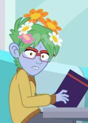 Size: 459x645 | Tagged: safe, screencap, celery stalk, coinky-dink world, equestria girls, g4, my little pony equestria girls: summertime shorts, background human, clothes, cropped, flower, flower in hair, glasses, male, solo