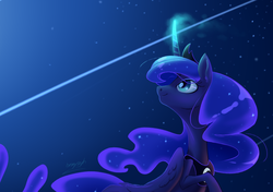 Size: 900x635 | Tagged: safe, alternate version, artist:bronyseph, princess luna, alicorn, pony, bust, female, glowing horn, looking up, magic, mare, night, night sky, peytral, raised hoof, shooting star, signature, sky, smiling, solo, starry night