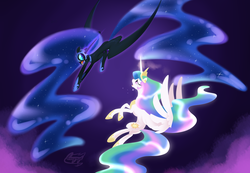 Size: 5200x3600 | Tagged: safe, artist:bronyseph, nightmare moon, princess celestia, alicorn, pony, g4, crying, fangs, female, fight, flying, glowing horn, horn, mare, open mouth, sad, sharp teeth, teeth