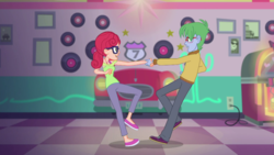 Size: 1280x720 | Tagged: safe, screencap, alizarin bubblegum, celery stalk, coinky-dink world, equestria girls, g4, my little pony equestria girls: summertime shorts, alizary, background human, clothes, dancing, female, male, pants, shoes