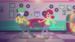 Size: 1280x720 | Tagged: safe, screencap, alizarin bubblegum, celery stalk, coinky-dink world, equestria girls, g4, my little pony equestria girls: summertime shorts, alizary, background human, clothes, dancing, glasses, male, pants, shoes, smiling