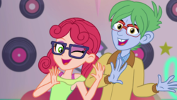 Size: 1280x720 | Tagged: safe, screencap, alizarin bubblegum, celery stalk, coinky-dink world, equestria girls, g4, my little pony equestria girls: summertime shorts, alizary, bra, bra strap, clothes, dancing, female, glasses, looking at you, male, one eye closed, smiling, underwear, wink