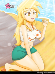 Size: 746x1000 | Tagged: safe, alternate version, artist:clouddg, derpy hooves, human, g4, beach, belly button, clothes, female, food, human coloration, humanized, midriff, multiple variants, open mouth, popsicle, sand, shorts, signature, solo, swimsuit, water