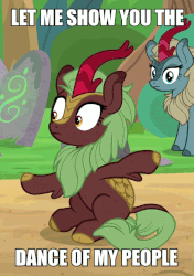 Size: 723x1026 | Tagged: safe, edit, edited screencap, screencap, cinder glow, sparkling brook, summer flare, kirin, g4, sounds of silence, animated, background kirin, caption, charades, cloven hooves, cropped, female, flailing, frown, gif, gif with captions, hooves, image macro, impact font, leg fluff, let me show you the dance of my people, meme, silly, sitting, song of my people, text, wide eyes