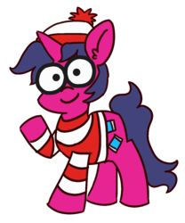 Size: 1000x1200 | Tagged: safe, artist:threetwotwo32232, oc, oc only, oc:fizzy pop, pony, unicorn, 2019 community collab, derpibooru community collaboration, clothes, female, mare, parody, simple background, solo, transparent background, where's waldo