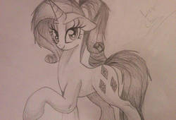 Size: 1024x697 | Tagged: safe, artist:enviaart, rarity, pony, g4, female, monochrome, solo, traditional art