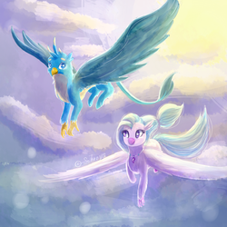 Size: 1024x1024 | Tagged: safe, artist:scherys, gallus, silverstream, classical hippogriff, griffon, hippogriff, g4, claws, cloud, digital art, female, flying, looking at each other, male, ship:gallstream, shipping, sky, straight, sun, wings