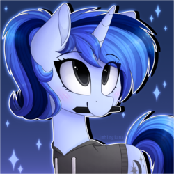 Size: 1280x1280 | Tagged: safe, artist:imbirgiana, oc, oc only, oc:imbirgiana, pony, unicorn, abstract background, blushing, clothes, cute, female, looking up, mare, mouth hold, pencil, smiling, solo, stars, sweater, watermark