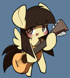 Size: 991x1096 | Tagged: safe, artist:ccc, wild fire, pegasus, pony, g4, blue background, chibi, female, guitar, hoof hold, looking at you, mare, simple background, solo