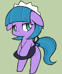 Size: 1163x1385 | Tagged: safe, artist:ccc, tote bag (g4), earth pony, pony, g4, bipedal, clothes, cute, female, looking at you, maid, mare, simple background, solo