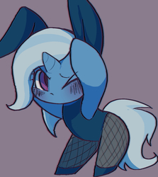 Size: 1241x1389 | Tagged: safe, artist:ccc, trixie, pony, unicorn, semi-anthro, g4, blushing, bunny suit, clothes, cute, diatrixes, female, fishnet stockings, leotard, mare, one eye closed, pantyhose, shoes, simple background, solo, wink