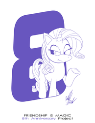 Size: 1086x1400 | Tagged: safe, artist:fuzon-s, part of a set, rarity, pony, unicorn, g4, anniversary, cute, female, fuzon is trying to murder us, happy birthday mlp:fim, lidded eyes, mare, mlp fim's eighth anniversary, monochrome, pony channel, raised hoof, raribetes, sketch, smiling, solo, style emulation, sweet dreams fuel, yuji uekawa style