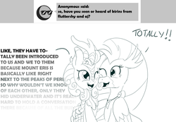 Size: 1280x888 | Tagged: safe, artist:sintakhra, autumn blaze, silverstream, classical hippogriff, hippogriff, kirin, tumblr:studentsix, g4, sounds of silence, description is relevant, introvert's nightmare, jewelry, lineart, looking at each other, monochrome, necklace, one eye closed, speech bubble, talkative, text, wall of text, wink