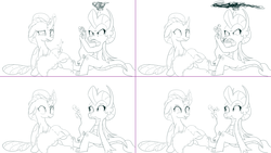 Size: 2564x1444 | Tagged: safe, artist:sintakhra, ocellus, smolder, changedling, changeling, dragon, tumblr:studentsix, g4, angry, magic, monochrome, sewing