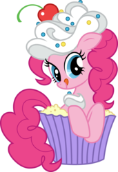 Size: 3000x4379 | Tagged: safe, artist:cloudy glow, pinkie pie, earth pony, pony, g4, .ai available, broken link in description, cherry, cupcake, cute, diapinkes, female, food, frosting, fruit, mare, simple background, solo, sprinkles, tongue out, transparent background, vector