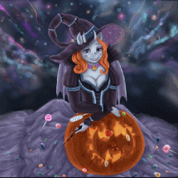 Size: 400x400 | Tagged: safe, artist:mdwines, oc, oc only, oc:raven eve'hart, anthro, animated, bat wings, candy, clothes, costume, cute, female, food, gif, halloween, halloween costume, hat, holiday, mare, mare in the moon, medieval, moon, night, pumpkin, redhead, sky, smiling, solo, wings, witch, witch hat