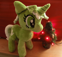 Size: 1000x922 | Tagged: safe, artist:bastler, derpibooru exclusive, oc, oc only, oc:upvote, pony, unicorn, derpibooru, christmas, christmas tree, derpibooru ponified, female, holiday, irl, mare, meta, photo, plushie, ponified, standing, tree