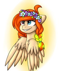 Size: 2077x2160 | Tagged: safe, artist:rskyfly, oc, oc only, pegasus, pony, braid, bust, female, floral head wreath, flower, heterochromia, high res, mare, portrait, smiling, solo