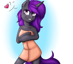 Size: 3000x2600 | Tagged: safe, artist:rskyfly, oc, oc only, oc:nightshade canter, unicorn, semi-anthro, arm hooves, female, floating heart, grin, heart, high res, mare, naked towel, question mark, smiling, solo, towel, ych result