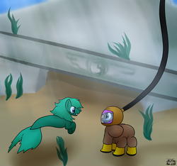 Size: 2325x2173 | Tagged: safe, artist:the-furry-railfan, oc, oc only, oc:crash dive, oc:depth charge, merpony, pegasus, pony, diving suit, high res, hose, library, mare in the moon, moon, moss, ruins, seaweed, story included, underwater
