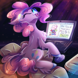 Size: 3000x3000 | Tagged: safe, artist:alexbluebird, pinkie pie, earth pony, pony, g4, :p, colored hooves, computer, cute, female, headphones, high res, laptop computer, silly, solo, tongue out