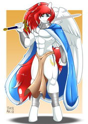 Size: 1280x1810 | Tagged: safe, artist:tatemil, oc, oc only, oc:apollo airlerson, anthro, unguligrade anthro, bracelet, cape, clothes, commission, excalibur, jewelry, loincloth, male, partial nudity, solo, topless