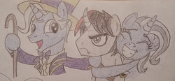 Size: 1334x617 | Tagged: safe, artist:jebens1, jack pot, trixie, oc, pony, g4, colored pencil drawing, curved horn, father and daughter, female, frown, horn, hug, male, traditional art