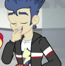 Size: 713x720 | Tagged: safe, screencap, flash sentry, equestria girls, g4, good vibes, my little pony equestria girls: summertime shorts, clothes, cropped, eyes closed, food, jacket, male, sushi
