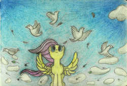 Size: 1730x1170 | Tagged: safe, artist:mfg637, fluttershy, pony, g4, colored pencil drawing, female, solo, spread wings, traditional art, wings