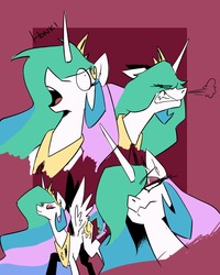 Size: 800x1000 | Tagged: safe, artist:tigerdehavilland, princess celestia, alicorn, pony, g4, abstract background, angry, derp, eyes closed, eyeshadow, fangs, female, frown, glare, gritted teeth, honk, lidded eyes, looking back, looking up, majestic as fuck, makeup, mare, open mouth, smiling, snorting, solo, spread wings, swanlestia, unamused, wavy mouth, wide eyes, wings