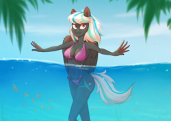 Size: 3508x2480 | Tagged: safe, artist:shiro-roo, oc, oc only, oc:crosswind, pegasus, anthro, bikini, breasts, cleavage, clothes, female, high res, solo, spread arms, swimsuit, water, ych result