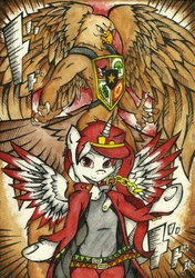 Size: 1644x2335 | Tagged: safe, artist:canvymamamoo, oc, oc:indonisty, bird, eagle, pony, anthro, semi-anthro, arm hooves, belly button, emblem, garuda, indonesia, jojo's bizarre adventure