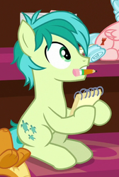 Size: 362x538 | Tagged: safe, screencap, cozy glow, sandbar, smolder, earth pony, pegasus, pony, g4, what lies beneath, cropped, cutie mark, female, filly, male, mouth hold, offscreen character, teenager