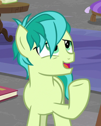 Size: 576x720 | Tagged: safe, screencap, sandbar, earth pony, pony, g4, what lies beneath, book, cropped, male, smiling, solo, teenager