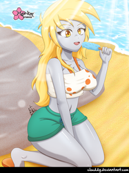 Size: 746x1000 | Tagged: safe, artist:clouddg, derpy hooves, equestria girls, g4, beach, belly button, breasts, busty derpy hooves, clothes, female, food, midriff, multiple variants, ocean, open mouth, popsicle, sand, shorts, signature, solo, water