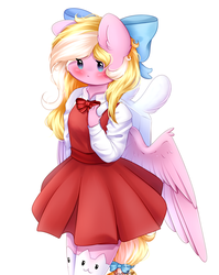 Size: 2000x2517 | Tagged: safe, artist:sweesear, oc, oc only, oc:bay breeze, pegasus, anthro, blushing, bow, cat socks, chibi, clothes, cute, dress, female, hair bow, high res, mare, simple background, socks, solo, tail bow, white background