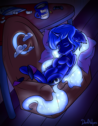 Size: 1400x1800 | Tagged: safe, artist:darkvulpes, princess luna, alicorn, pony, gamer luna, g4, armchair, belly, chair, clothes, controller, cute, cutie mark, dualshock controller, ethereal mane, female, fluffy, food, glowing mane, horn, mare, marshmallow, pillow, sleeping, slippers, smiling, solo, starry mane, table, tea, tulpa, weapons-grade cute, wings